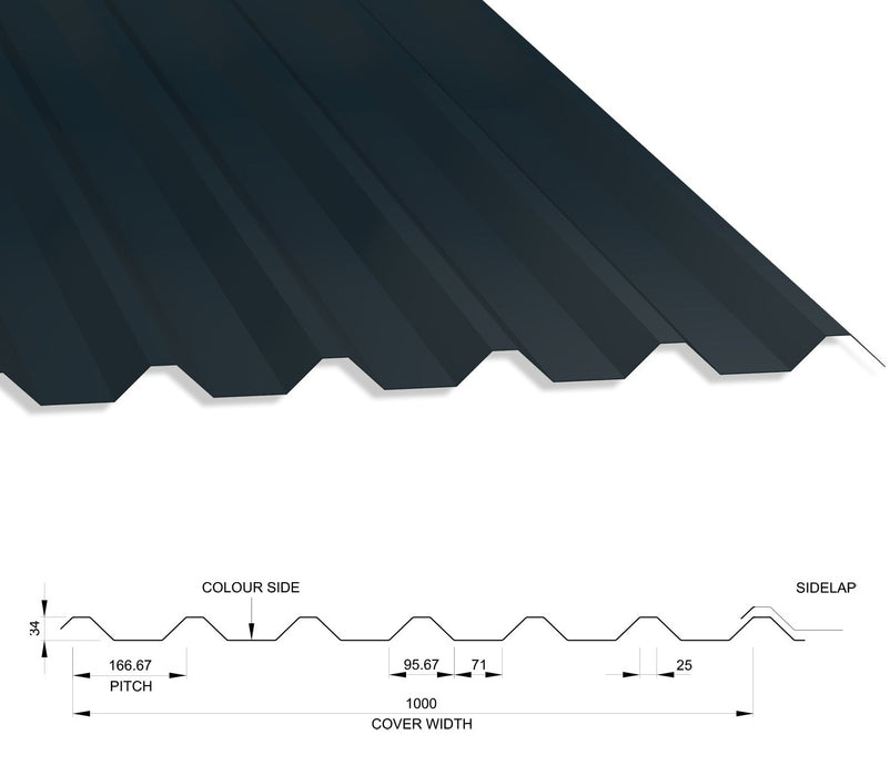 34/1000 Box Profile 0.5 Thick PVC Plastisol Coated Roof Sheet Anthracite (RAL7016) 1000mm Width