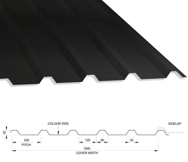 32/1000 Box Profile 0.7 PVC Plastisol Coated Roof Sheet Black (00E53) 1000mm Width