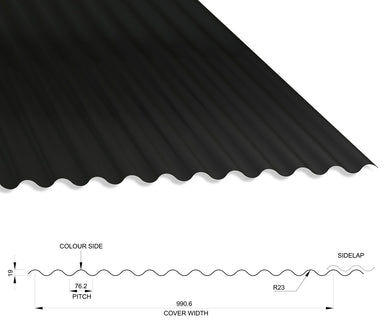 13/3 Corrugated 0.5 Thick PVC Plastisol Coated Roof Sheet Black (00E53) 1000mm Width