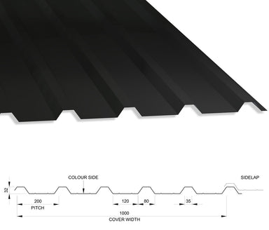 32/1000 Box Profile 0.7 PVC Plastisol Coated Roof Sheet Black (00E53) 1000mm Width With Anticon