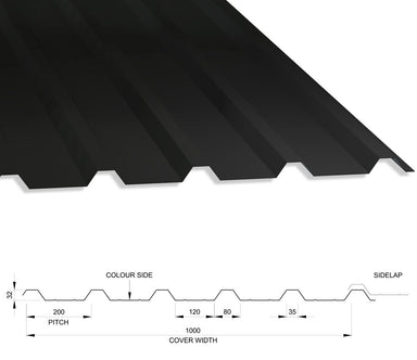 32/1000 Box Profile 0.5 Thick PVC Plastisol Coated Roof Sheet Black (00E53) 1000mm Width