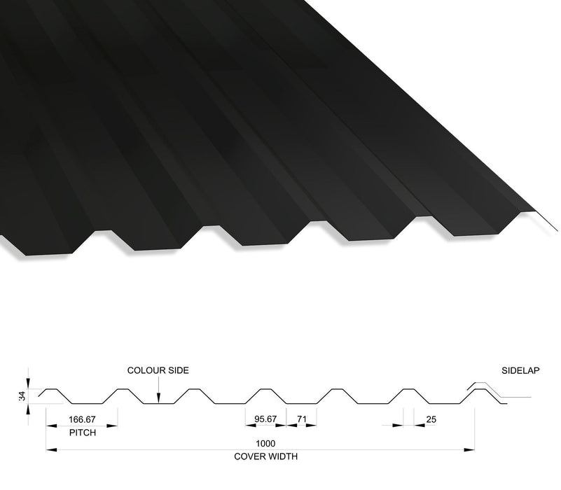 34/1000 Box Profile 0.5 Thick PVC Plastisol Coated Roof Sheet Black (00E53) 1000mm Width With Anticon