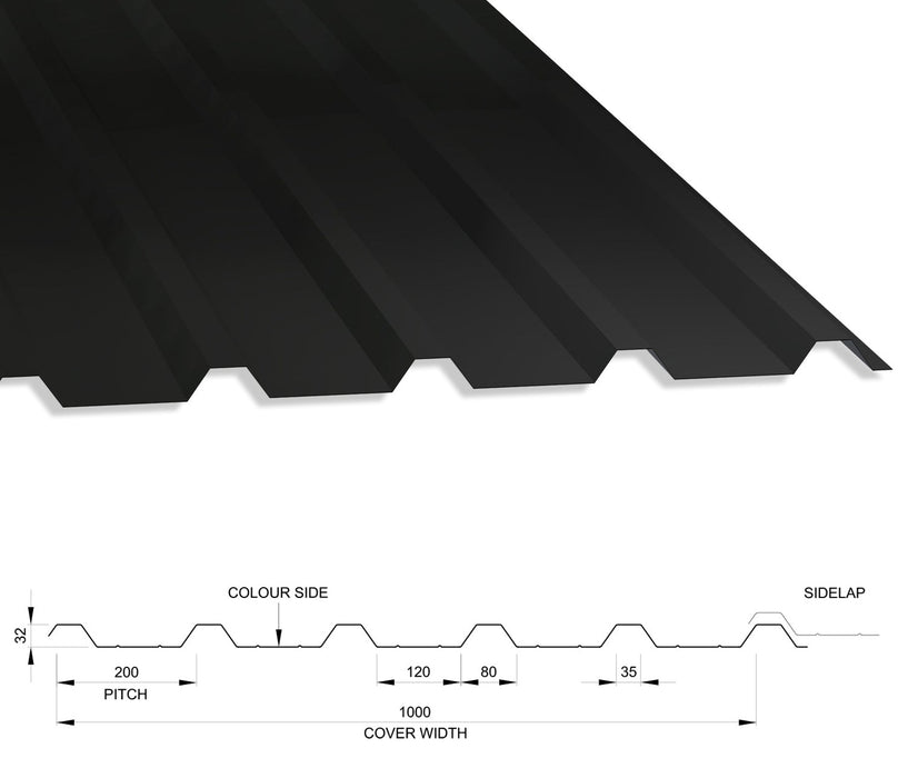 32/1000 Box Profile 0.5 Thick PVC Plastisol Coated Roof Sheet Black (00E53) 1000mm Width With Anticon