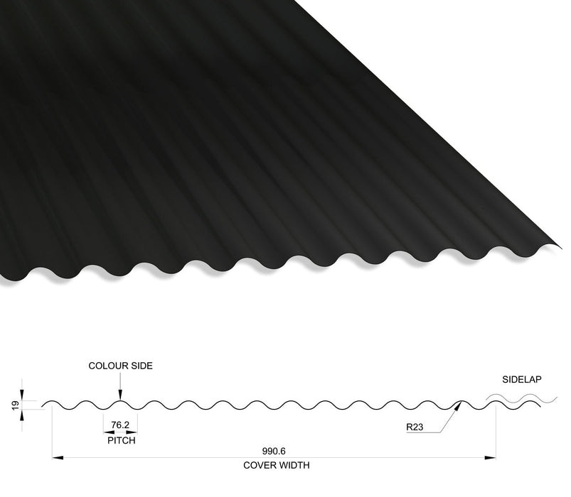 13/3 Corrugated 0.7 Thick PVC Plastisol Coated Roof Sheet Black (00E53) 1000mm Width With Anticon