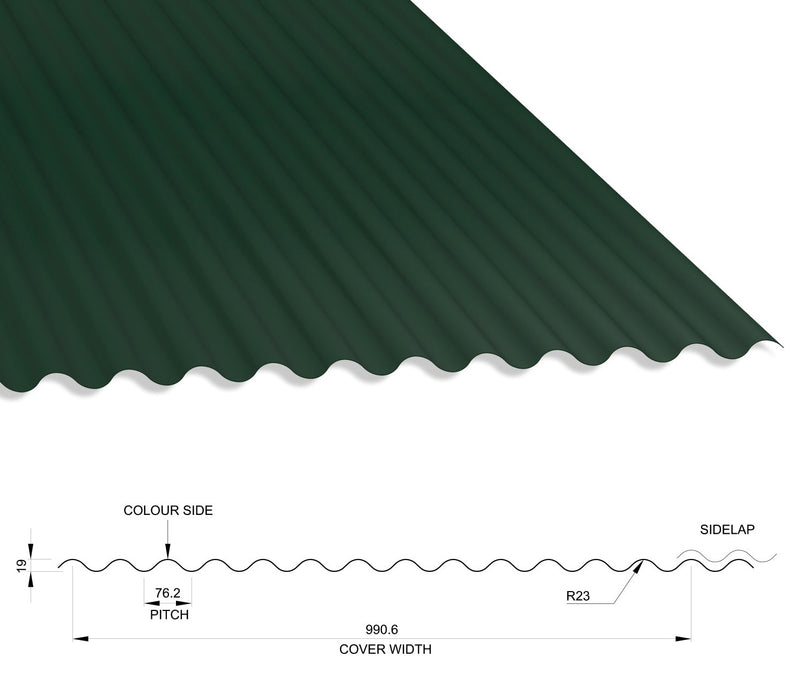 13/3 Corrugated 0.5 Thick PVC Plastisol Coated Roof Sheet Juniper Green (12B29) 1000mm Width