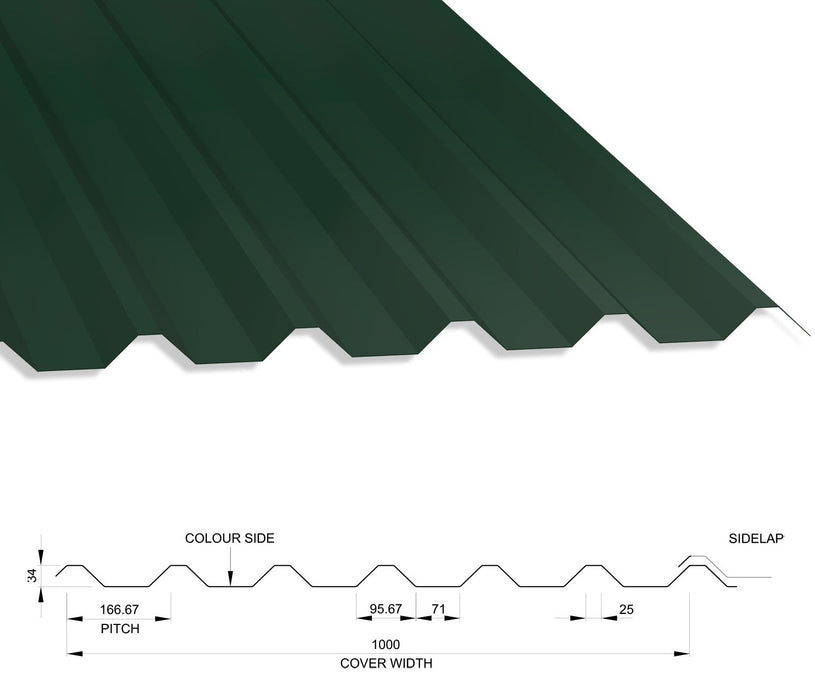 34/1000 Box Profile 0.7 PVC Plastisol Coated Roof Sheet Juniper Green (12B29) 1000mm Width With Anticon