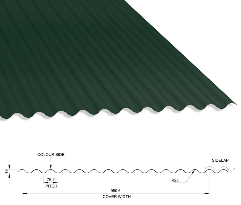 13/3 Corrugated 0.5 Thick Polyester Paint Coated Roof Sheet Juniper Green (12B29) 1000mm Width With Anticon