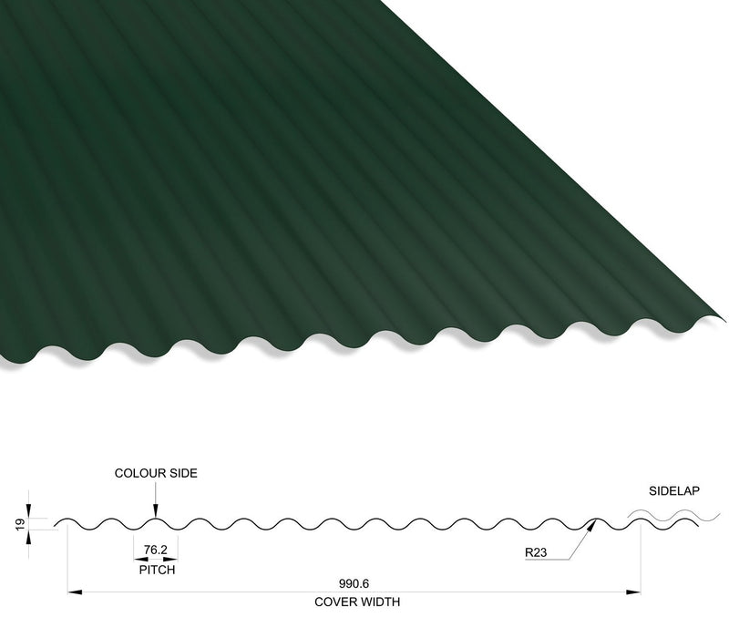 13/3 Corrugated 0.7 Thick PVC Plastisol Coated Roof Sheet Juniper Green (12B29) 1000mm Width With Anticon