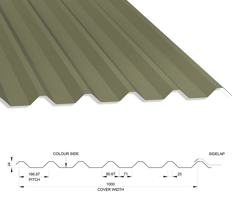 34/1000 Box Profile 0.5 Thick Polyester Paint Coated Roof Sheet Olive Green (12B27) 1000mm Width With Anticon