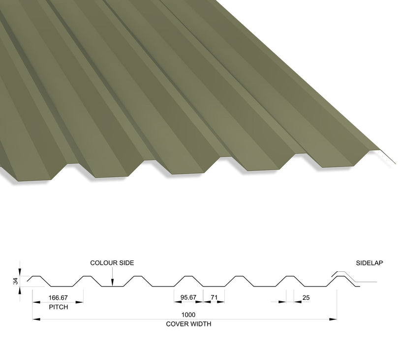 34/1000 Box Profile 0.7 PVC Plastisol Coated Roof Sheet Olive Green (12B27) 1000mm Width With Anticon
