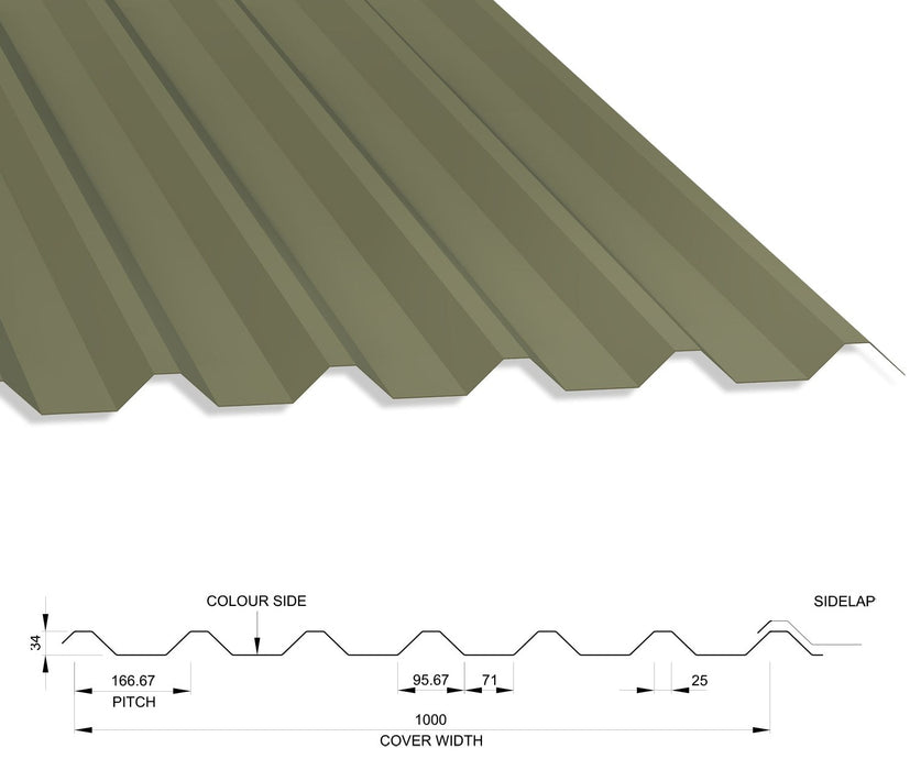 34/1000 Box Profile 0.5 Thick PVC Plastisol Coated Roof Sheet Olive Green (12B27) 1000mm Width With Anticon