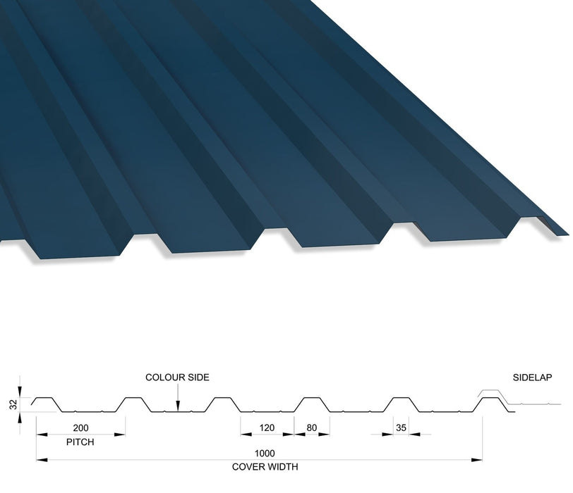 32/1000 Box Profile 0.7 Thick Polyester Paint Coated Roof Sheet Slate Blue (18B29) 1000mm Width With Anticon