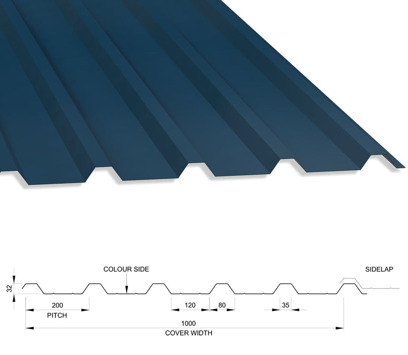 32/1000 Box Profile 0.7 PVC Plastisol Coated Roof Sheet Slate Blue (18B29) 1000mm Width