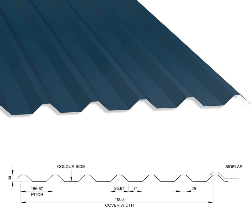 34/1000 Box Profile 0.5 Thick PVC Plastisol Coated Roof Sheet Slate Blue (18B29) 1000mm Width With Anticon