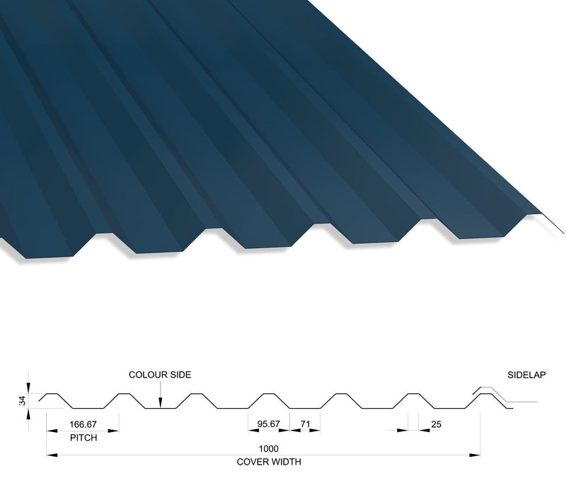 34/1000 Box Profile 0.5 Thick Polyester Paint Coated Roof Sheet Slate Blue (18B29) 1000mm Width