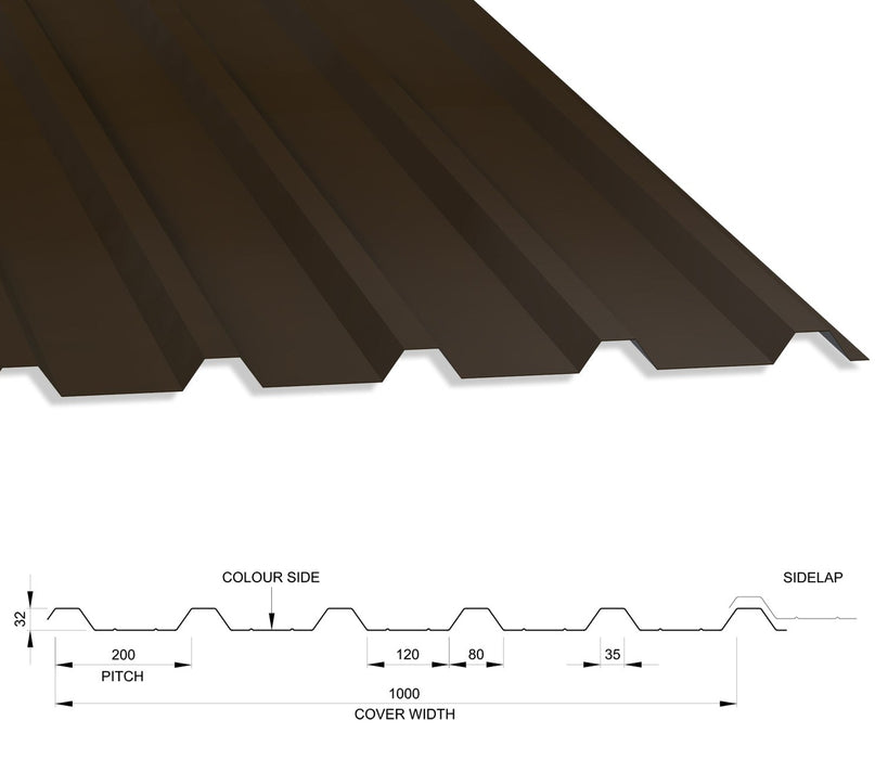 32/1000 Box Profile 0.7 Thick Polyester Paint Coated Roof Sheet Vandyke Brown (08B29) 1000mm Width With Anticon