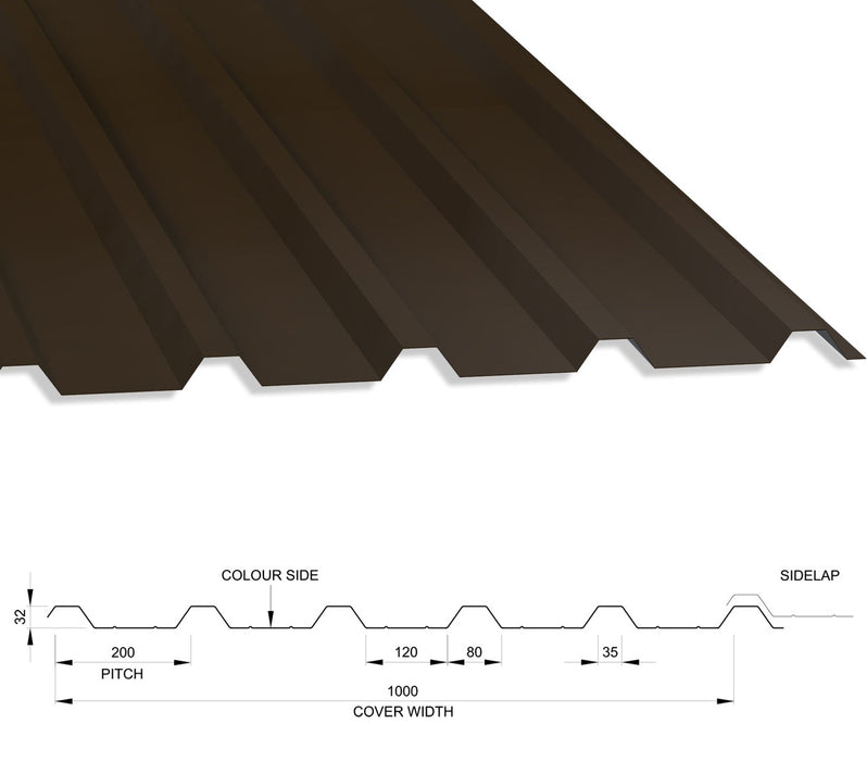 32/1000 Box Profile 0.5 Thick PVC Plastisol Coated Roof Sheet Vandyke Brown (08B29) 1000mm Width