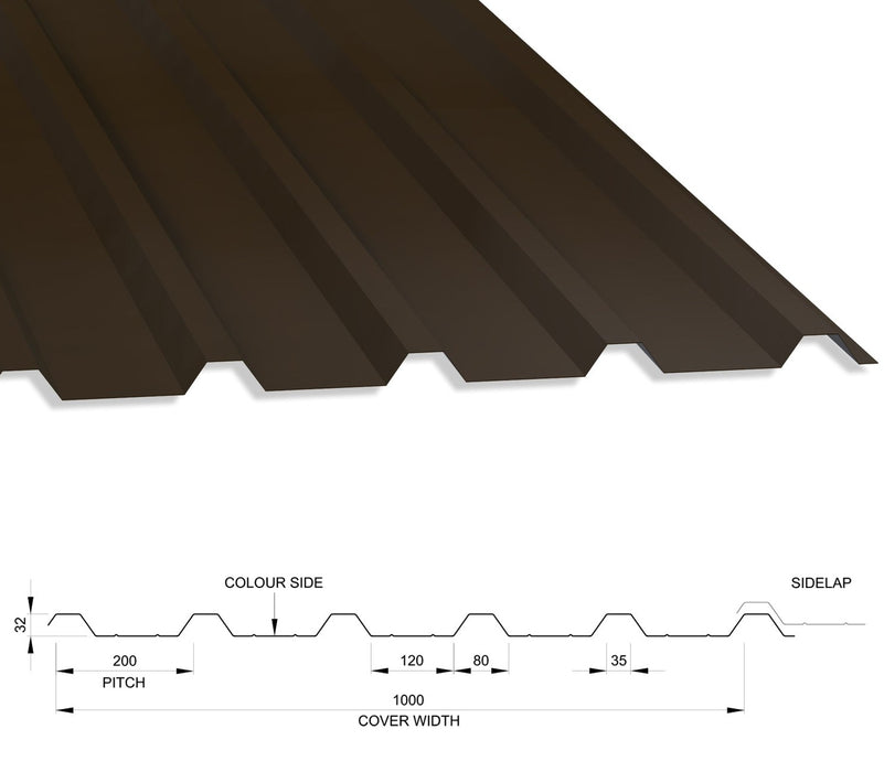 32/1000 Box Profile 0.5 Thick Polyester Paint Coated Roof Sheet Vandyke Brown (08B29) 1000mm Width